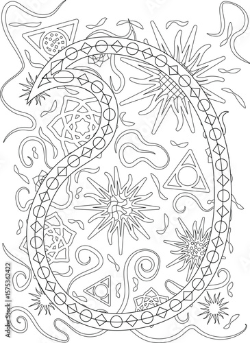 Detailed Abstract Paisley Design for Coloring. Elaborate Line Art Pattern with Stars, Triangles, and Swirls.