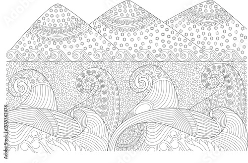 Zen doodle style drawing of abstract ocean waves and mountains, perfect for mindful coloring, meditation, or graphic design background.