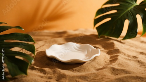 White Ceramic Dish on Sandy Beach with Tropical Leaves
