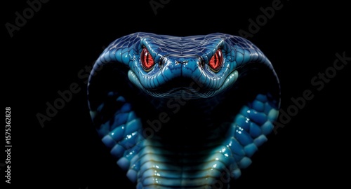 Striking blue cobra with intense red eyes poised against a stark black background.