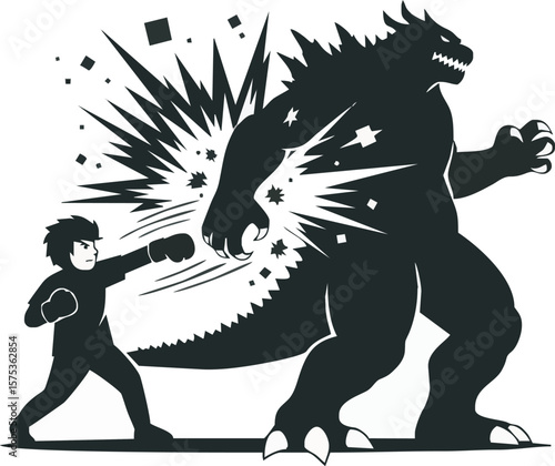 A small boxer punches a giant monster, causing an explosion of energy.