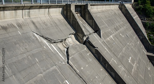 Damaged concrete dam structure with large cracks and potential failure hazard inspection and repair