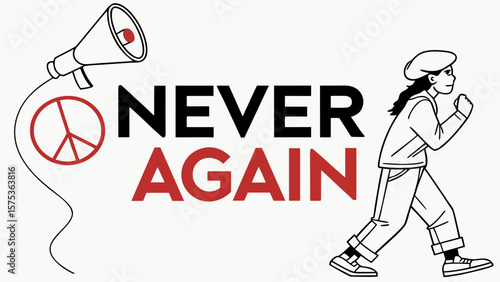 Protestor with megaphone and peace symbol declares never again against injustice and violence