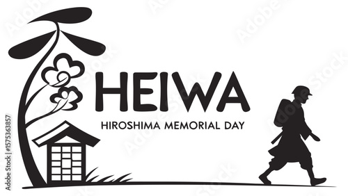 Hiroshima memorial day heiwa symbol with a lone soldier walking past a traditional japanese structure and a stylized tree