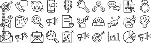 Business marketing strategy line icon vector set, pictograms of Megaphone bullhorn pie chart bar chart target strategy email newsletter promotion