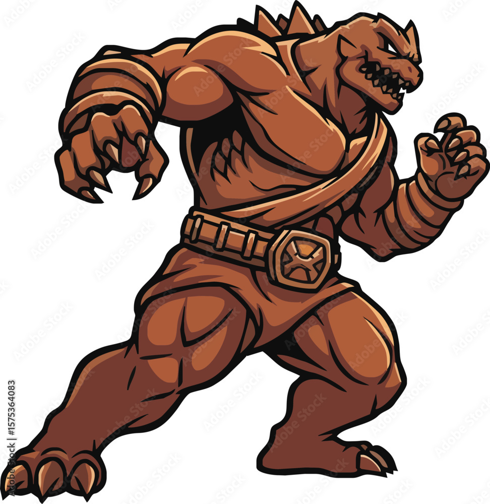 Cartoon illustration of a muscular, reptilian humanoid figure with claws and a belt, in a dynamic pose. Cartoon illustration of a muscular, reptilian humanoid figure with claws and a belt, in a dynamic pose.