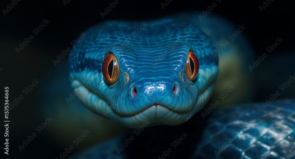 Fototapeta premium Intense gaze of a blue snake with striking orange eyes in darkness.