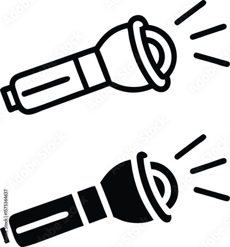 Handheld Flashlight Icon Set – Black and White Electric Torch Light Vector Illustration