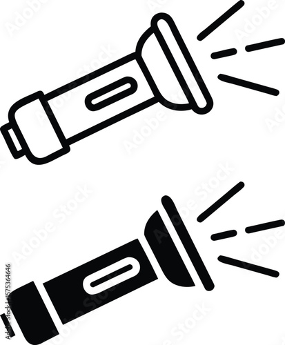 Flashlight Icon Set – Black and White Torch Light Beam Vector Illustration