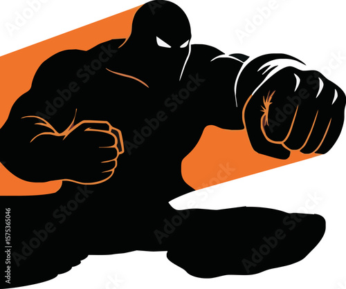 Silhouette of a powerful, masked figure in a dynamic martial arts pose.