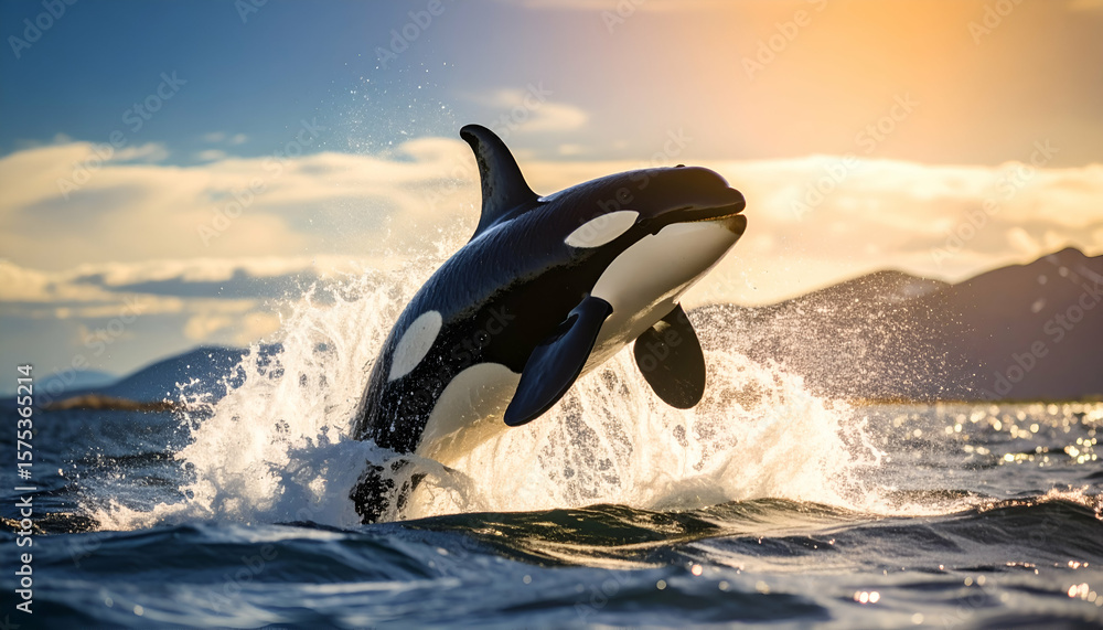 Fototapeta premium Orca leaping ocean sunset.