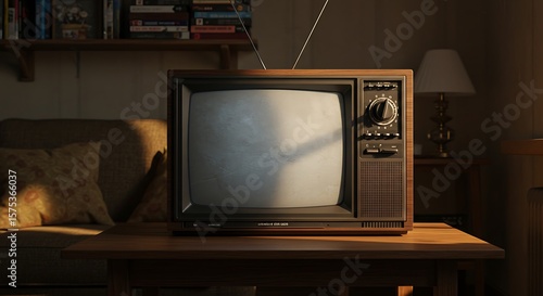 A vintage television set sits on a table, illuminated by warm light within a cozy room.