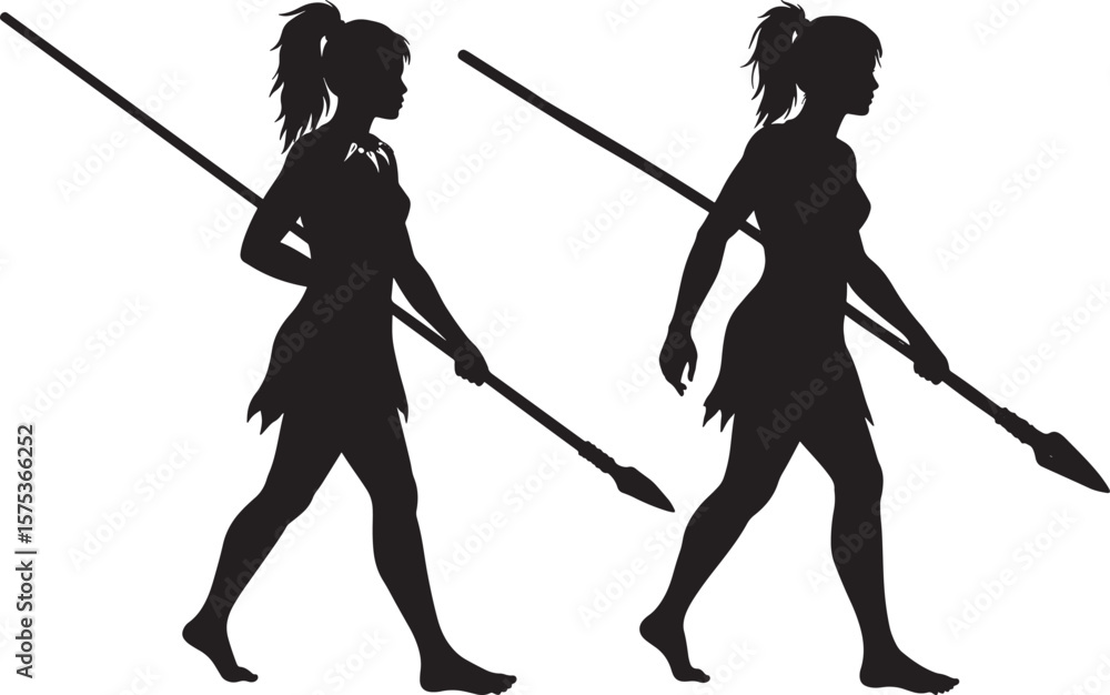 Obraz premium Cave Woman Hunter Holding Spear Cartoon silhouette
