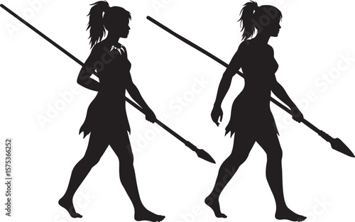 Cave Woman Hunter Holding Spear Cartoon silhouette