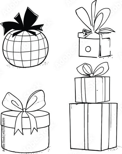Whimsical Gift Box Silhouette Icon Poster Featuring 4 Unique Packaging Designs in 2×2 Grid Includes Round, Square, Cylindrical, and Stacked Rectangular Boxes with Decorative Ribbons and Open-Lid 