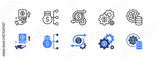 Financial freedom icon set with Financial education, Income, Cash flow, Money management, Wealth management