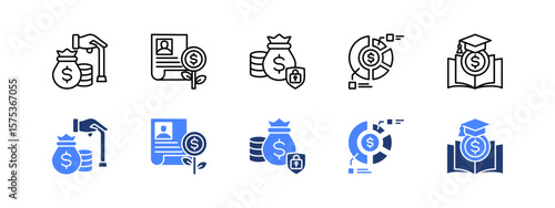 Financial freedom icon set with Retirement fund, Investment portfolio, Financial security, Asset allocation, Financial literacy