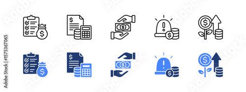 Financial freedom icon set with Financial planning, Budgeting, Savings plan, Emergency fund, Investment growth