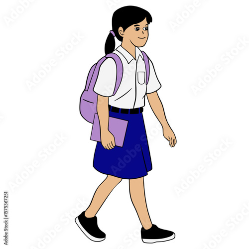 High school junior high school Indonesian school children Illustration Cartoon. Schoolchildren walk while carrying books