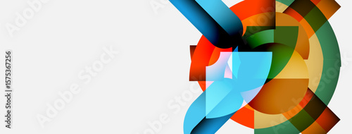 Abstract colorful shapes overlap, creating dynamic circular design. Bright hues contrast against white background. Modern, vibrant composition.