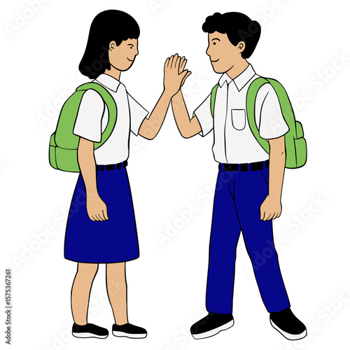 High school junior high school Indonesian school children Illustration Cartoon. Schoolchildren are saying hello