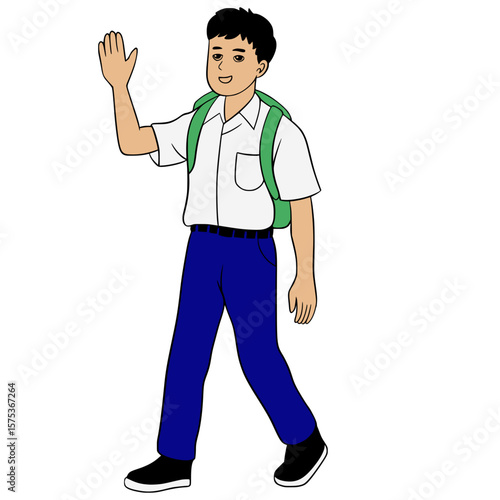 High school junior high school Indonesian school children Illustration Cartoon. Walking waving