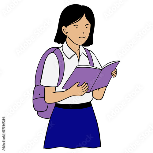 High school junior high school Indonesian school children Illustration Cartoon. Reading a book