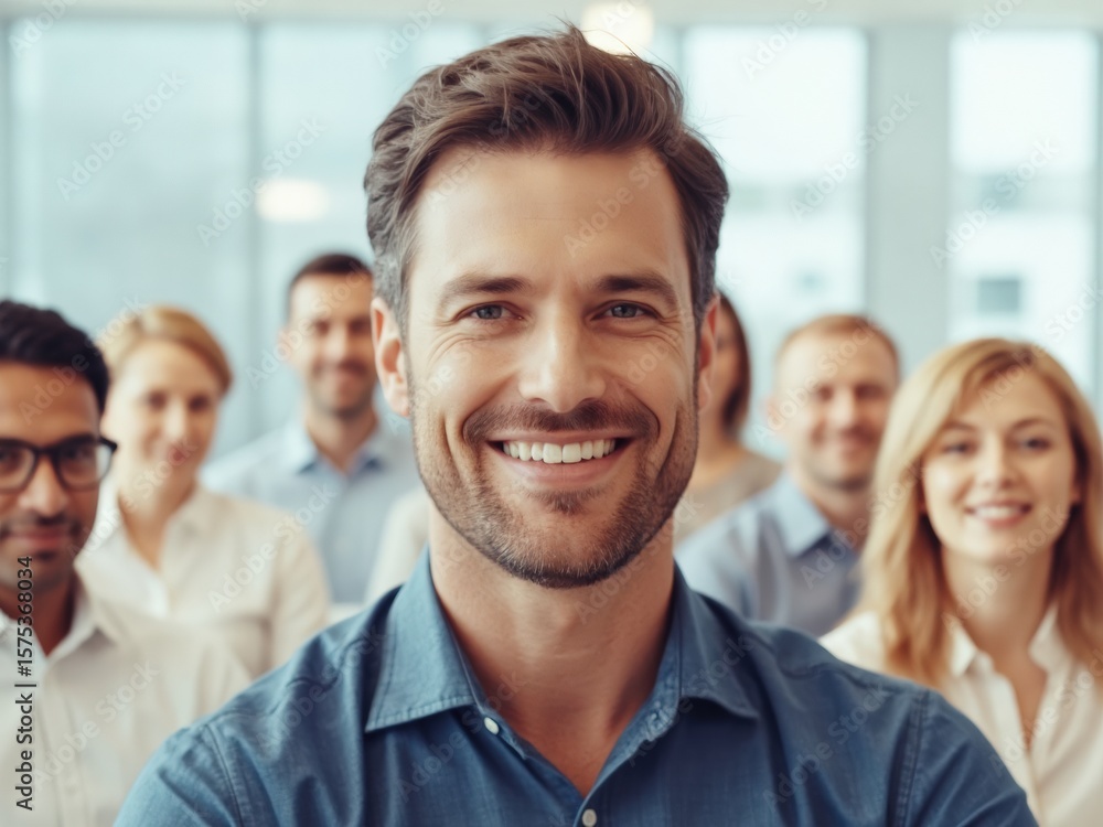 Obraz premium Confident business leader in blue shirt facilitating team discussion in modern meeting room with conference call