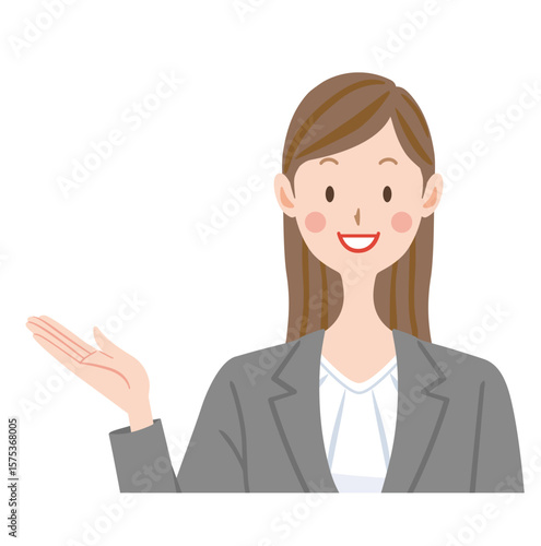 案内するスーツの女性のイラスト　ビジネスウーマン
