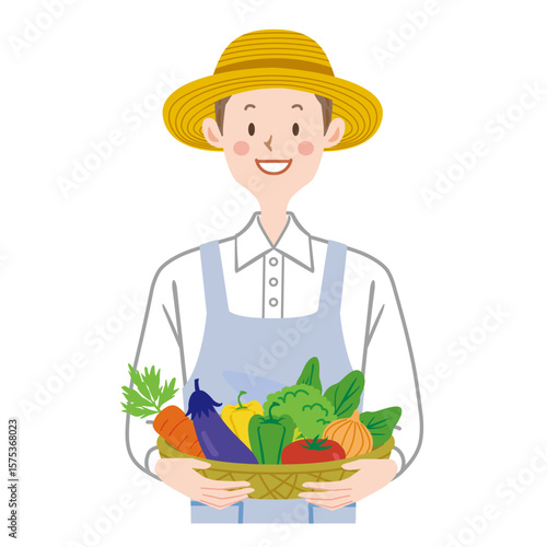 野菜かごを持つ農家　男性のイラスト　産地直送　収穫
