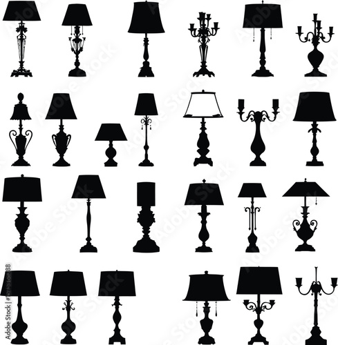 Lamps and Lighting Icon Set Vector Illustration Featuring Twenty-Five Black Silhouette Designs Arranged in a Grid Including Table Lamps, Floor Lamps, Candelabras, and Decorative Fixtures for Interior 
