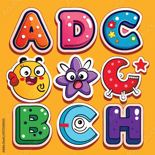 Colorful, cartoonish letters and characters, in a fun and playful style.  Each letter and character has a unique design, with expressive faces and fun details