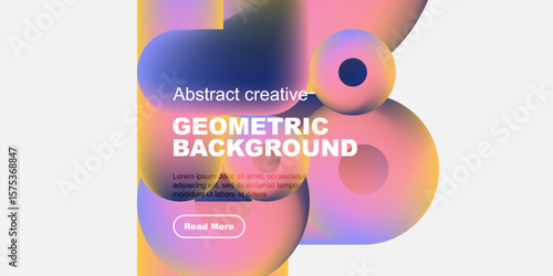 Vibrant abstract shapes, geometric design, text overlay, button element. Modern aesthetic, colorful composition, clean presentation.