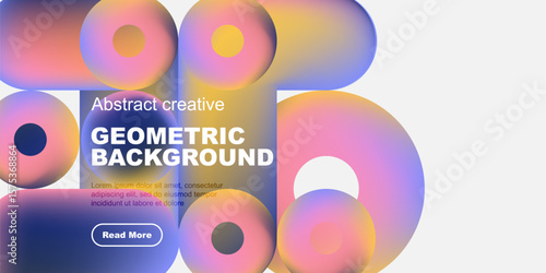 Abstract geometric shapes, vibrant colors, modern design. Text includes geometric background, plus sample text, button. Minimalist aesthetic.