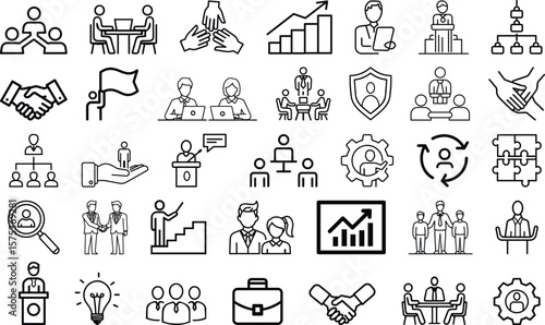 business and teamwork line icons pack, corporate strategy and leadership icon collection, minimalist business, office, hr line icon set
