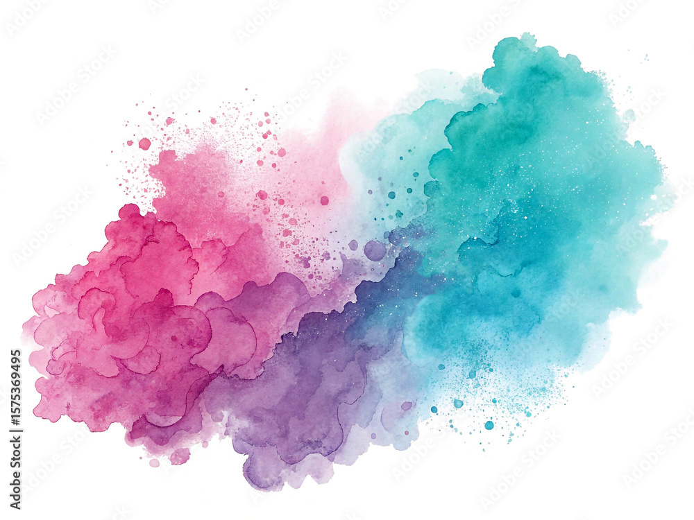Fototapeta premium Vibrant watercolor paint splash with pink purple and turquoise gradient on white background image