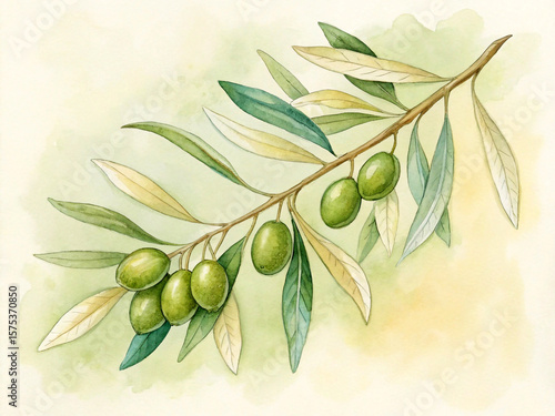Watercolor illustration of a green olive branch with leaves and fruit against a soft yellow and green gradient background
