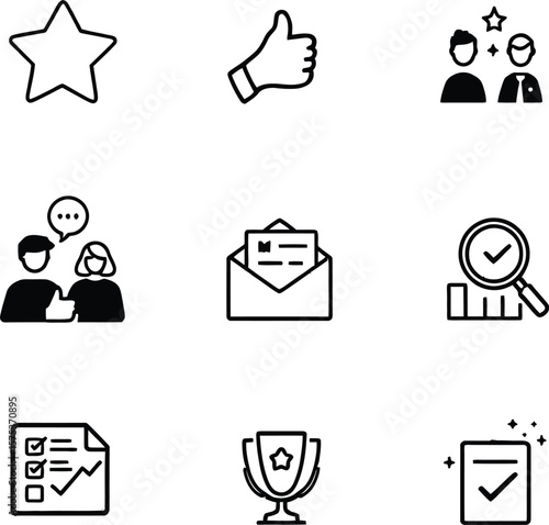 Wallpaper Mural 🏆 Achievement and Evaluation Icon Set Vector Illustration Featuring Nine Black Silhouette Icons in a 3x3 Grid Including Trophy, Checklist, Document with Sparkles, Star, Thumbs-Up, Conversation,  Torontodigital.ca