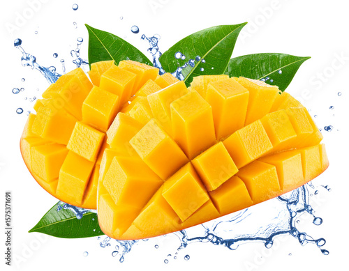 Water Splash on fresh mango with leaves Isolated on transparent background  