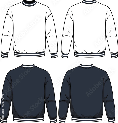 Classic Crew Neck Sweatshirt Design, Front and Back Views, White and Dark Blue Color Options, Unisex Fashion Apparel Template for Casual Wear and Sportswear.