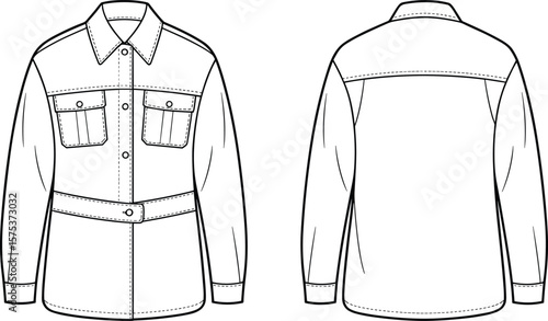 Long sleeve belted shirt flat sketch, fashion cad drawing, shirt with flap pockets, vector front and back view, garment design