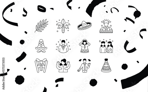 Mexican Culture Icon Set Vector Illustration Featuring Twelve Black Silhouette Icons Depicting Traditional Elements Including Sombreros, Ponchos, Dancing Figures, Sugar Skull, Piñata, Maracas, 