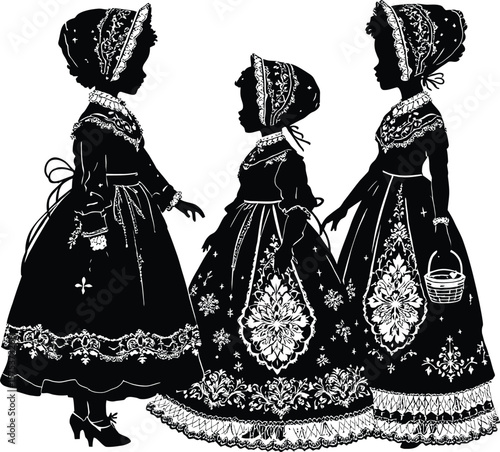Victorian Fashion Silhouette Vector Illustration Featuring Three Women in Traditional Dresses with Lace Details, Bonnets, and Accessories Including Purse and Basket, Representing Historical Elegance 