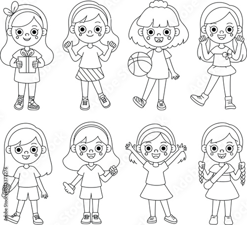 Cartoon Girls Activity Vector Illustration Featuring Eight Black and White Line-Art Characters in Various Poses Including Reading, Jumping Rope, Playing Basketball, and Holding Braids, Designed 