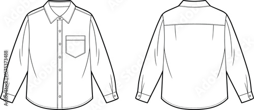 Long sleeve shirt flat sketch, button down shirt vector, front and back shirt view, fashion cad, technical drawing, apparel illustration