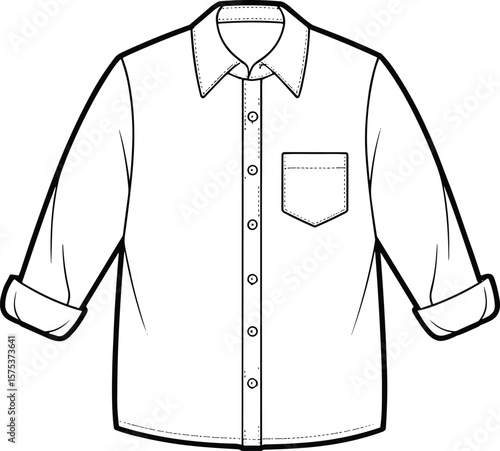 Rolled sleeve shirt front view, button down shirt sketch, pocket shirt drawing, fashion cad, vector flat, technical apparel illustration