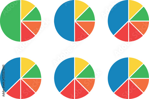 colorful pie chart set. business statistics and infographic design elements. transparent png and vector illustration.chart, colourful, colours, corporate, diagram, finance, graph, growth, infographic