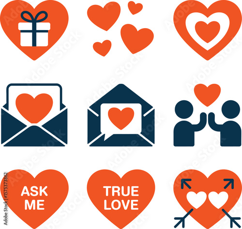 Love & Romance Icon Poster Featuring Nine Silhouettes Including Heart-Shaped Gift, Triple Heart Cluster, Nested Hearts, Heart Envelope, Heart Message Letter, High-Five Gesture with Heart, “ASK ME” 
