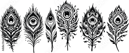 Six-Peacock Feather Poster Featuring Detailed Eye-Motif Patterns, Curved Quills, and Ornamental Symmetry in Black and White Line Art Style
