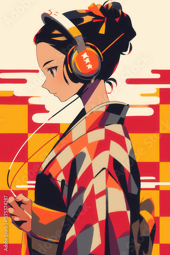 ヘッドホンで音楽を聴く着物を着た女性のイラスト